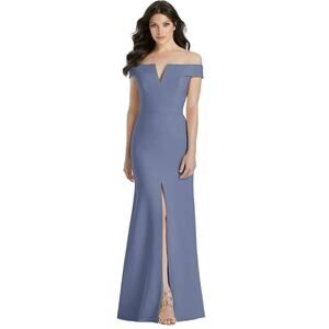 NWT Dessy Collection Off The Shoulder Notch Trumpet Gown Larkspur Blue Sz 0